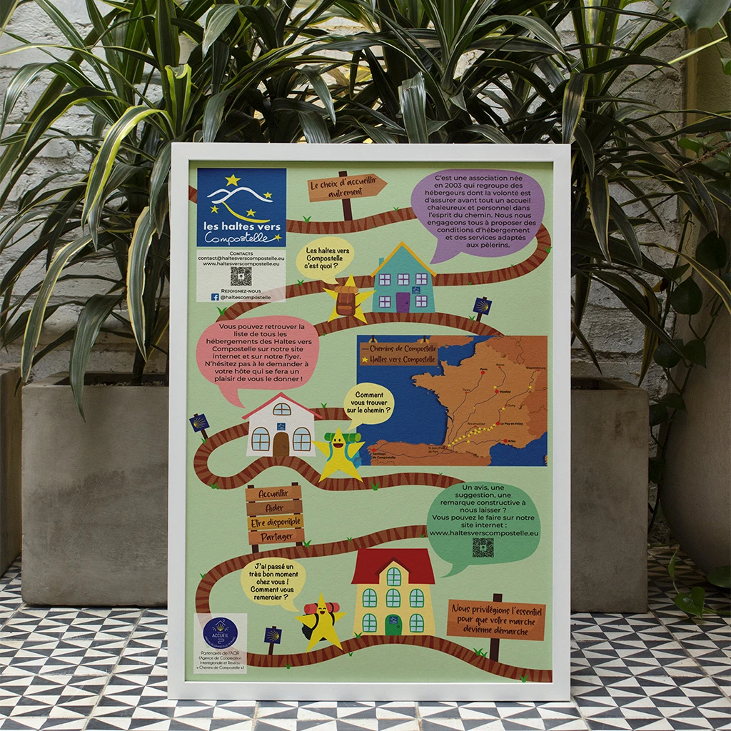 Affiches A3 pour les Haltes vers Compostelle Impression d'affiches A3 pour l'association les Haltes vers Compostelle, regroupement d'hébergements