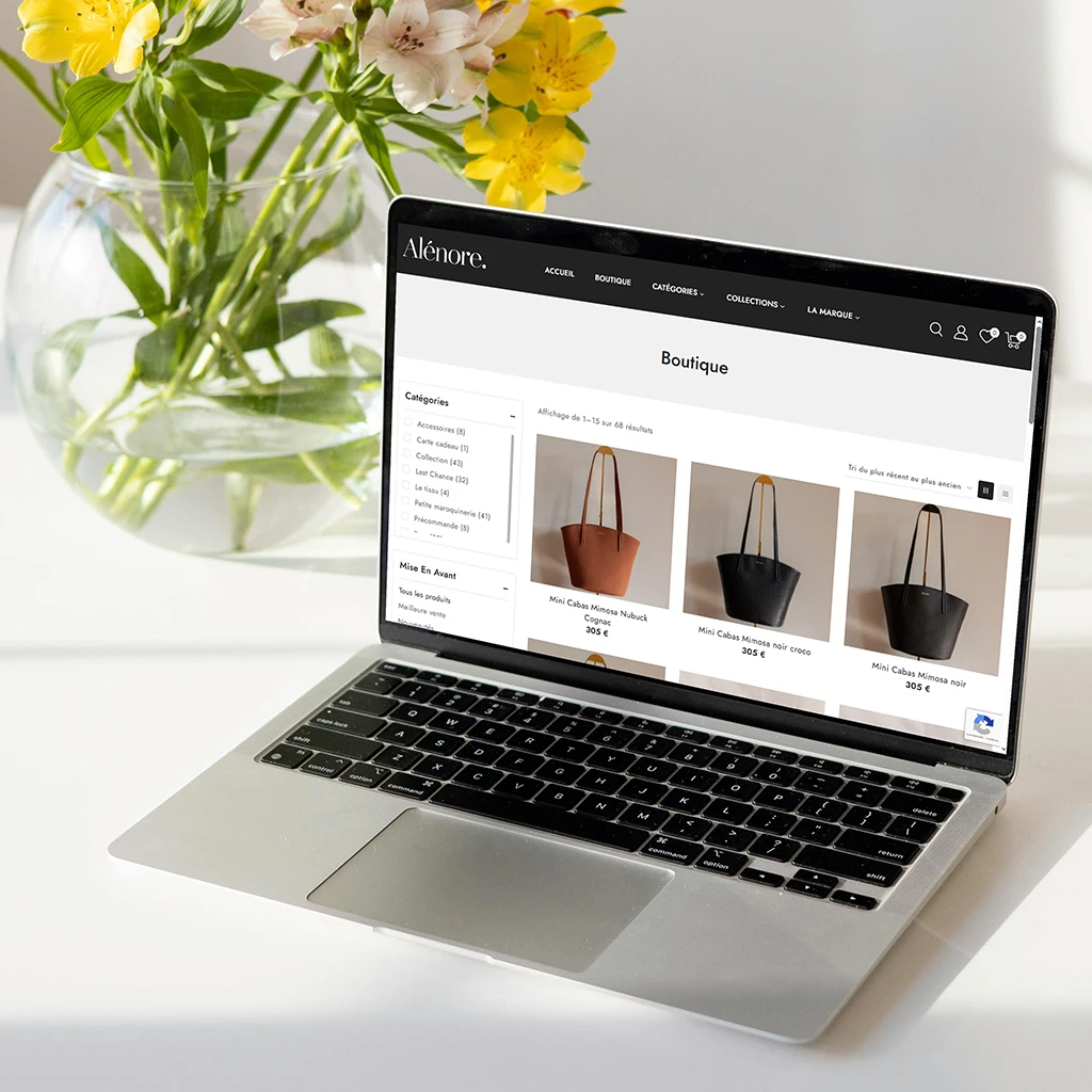 Ecommerce pour un fabriquant de sac végan Création de site web pour Alénore, fabriquant de sac Végan à Bordeaux